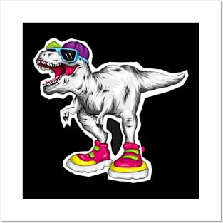 Vector cool dinosaur in a cap, glasses and sneakers. Posters and Art